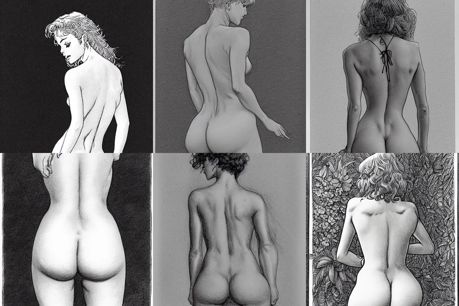 Prompt: the lower back of a beautiful woman. pencil drawing by milo manara and jean giraud.