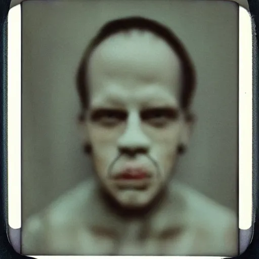 Image similar to a man with slightly distorted facial features, creepy, unsettling, uncanny valley!!!, old polaroid, expired film,