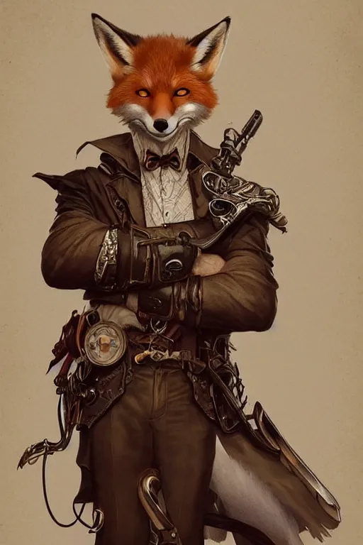 Prompt: heroic character design of anthropomorphic whimsical fox, portrait, western, steampunk, clint eastwood pose, duster, fantasy, intricate, elegant, highly detailed, digital painting, artstation, concept art, sharp focus, illustration, art by artgerm and greg rutkowski and alphonse mucha