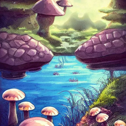 Image similar to a beautiful lake with cute little mushrooms growing around it, fantasy art, 2 d, by studio ghibli