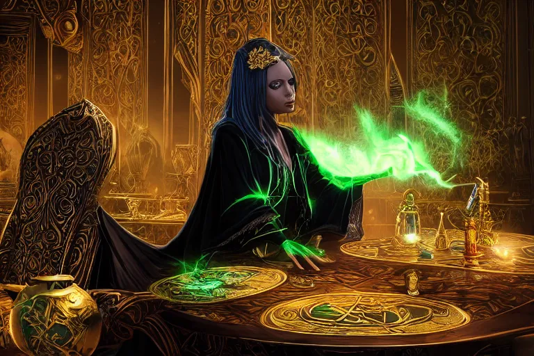 Prompt: a beautiful sorceress wearing a black robe with gold embroidery, sitting at table, casting a spell, green glows, painted by artgerm, in the style of magic the gathering, highly detailed digital art