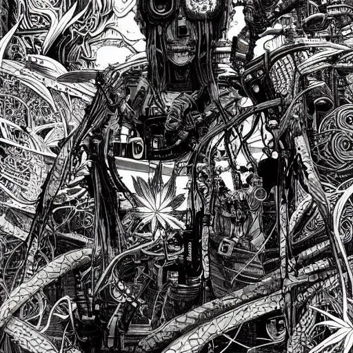 Image similar to cannabis, scifi, post-apocalyptic, grim, cyberpunk, detailed linework, colourful tones, cinematic, psychedelic, black paper, tarot card, highly detailed, ink illustration, manga by tsutomu nihei, manga style, artstation, 8k