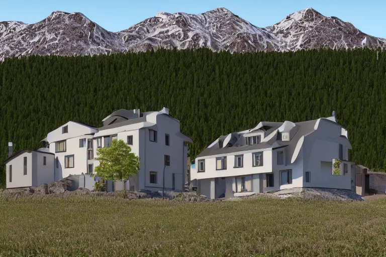 Image similar to modern fachwerk house settlement with Elbrus mountain on the background, architecture, 3d render 8k , high details