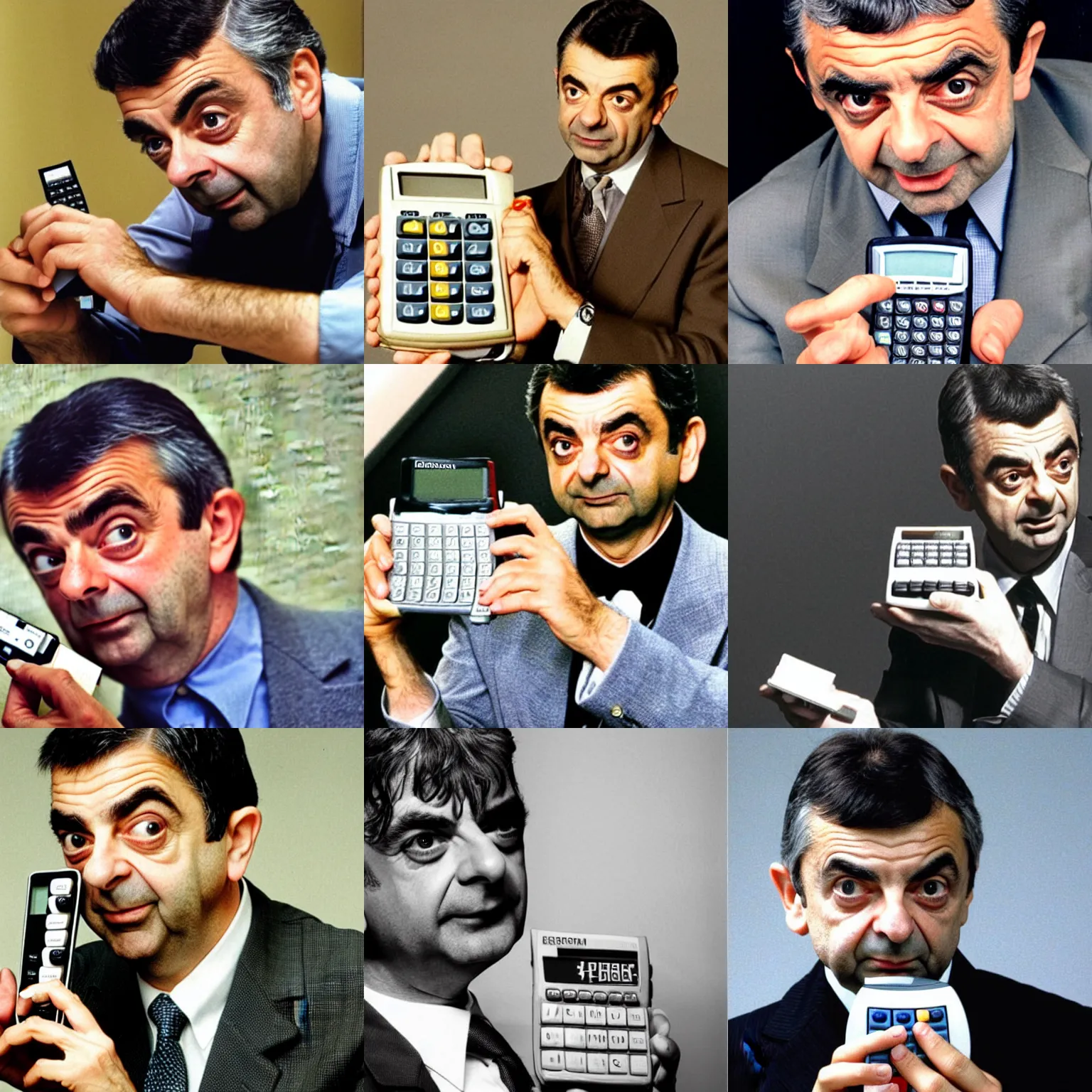 Prompt: funny photo of rowan atkinson holding an calculator and struggling to use a casio calculator calculator calculator calculator, close up