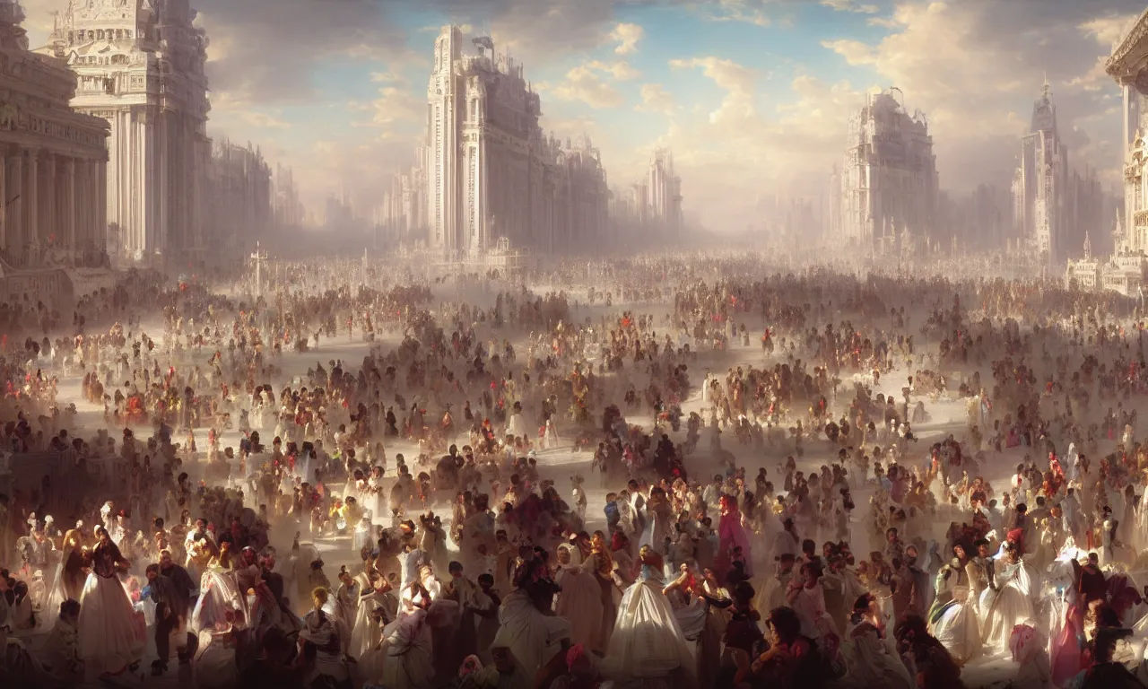 Prompt: photograph of the inside of futuristic bright white city, matte painting, crowds of people, by franz xaver winterhalter, ultra detailed, bright, pattern, octane render, hyper realism, beautiful illustration