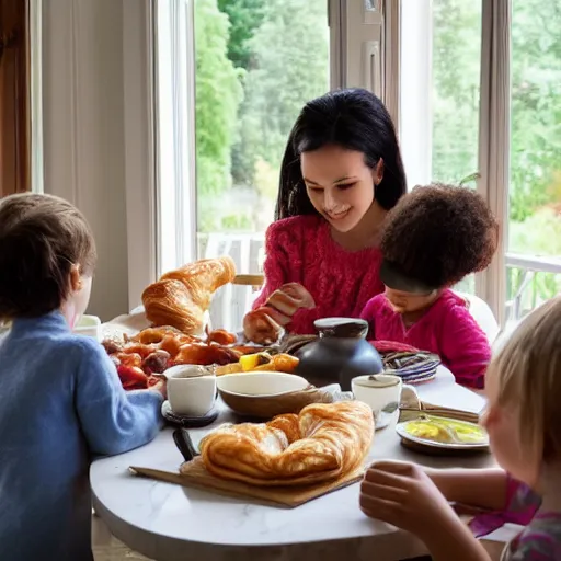 Prompt: a family having breakfast in a country house. There are croissants and jam