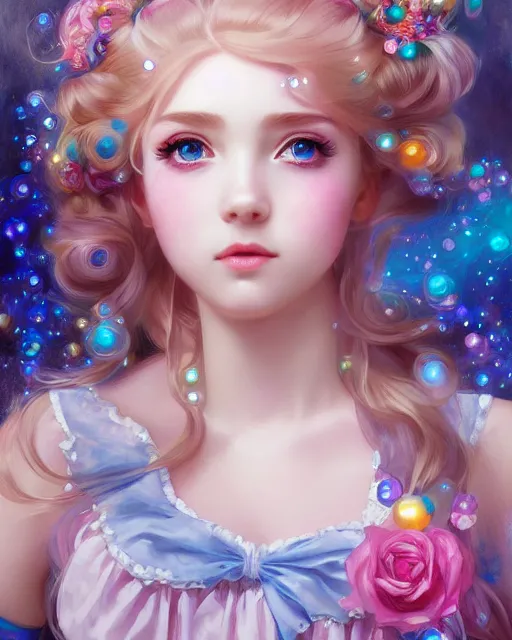 Image similar to portrait of magical lolita girl, dreamy and ethereal, expressive pose, big blue eyes, exciting expression, fantasy, intricate, elegant, many rainbow bubbles, rose tones, highly detailed, digital painting, artstation, concept art, cyberpunk wearing, smooth, sharp focus, illustration, art by artgerm and greg rutkowskiand alphonse mucha