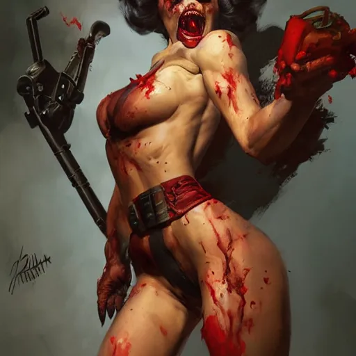 Image similar to pinup zombie from doom eternal, painted by stanley lau and gil elvgren, painted by greg rutkowski, painted by stanley, artgerm, masterpiece, digital art, trending on arts