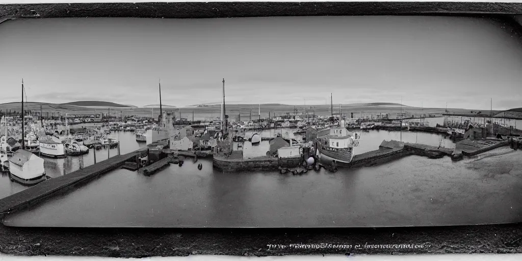 Prompt: a fish-eye lens tintype photograph of the harbour at Stromness orkney