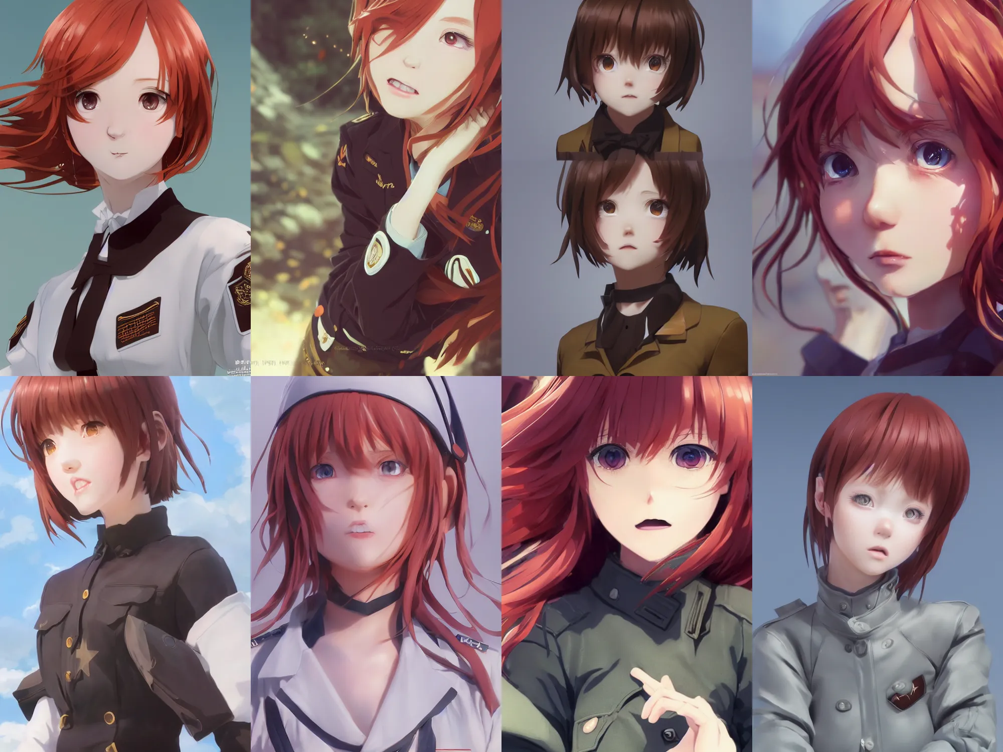 Prompt: Very complicated dynamic composition, realistic anime style at Pixiv CGSociety by WLOP, ilya kuvshinov, krenz cushart, Greg Rutkowski, trending on artstation. Zbrush sculpt colored, Octane render in Maya and Houdini VFX, close-up portrait of young redhead girl in motion, cute, innocent, she expressing joy, wearing military uniform, silky hair, stunning deep eyes. Very expressive and inspirational. Amazing textured brush strokes. Cinematic dramatic soft volumetric studio lighting