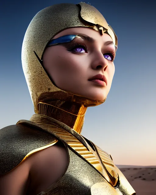 Prompt: girl in egypt, egyptian cyborg armor, white hair, atmosphere, gold, detailed, intricate, desert, beautiful face, cinematic lighting, trending on artstation, blue eyes, 4 k, focused, extreme details, cinematic, masterpiece, by akihito tsukushi