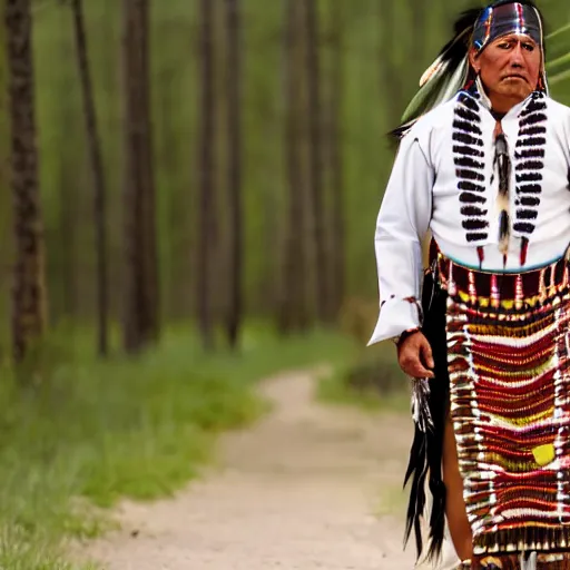 Image similar to native american indigenous man wearin traditional clothing, in a walk cycle on a white studio baclground