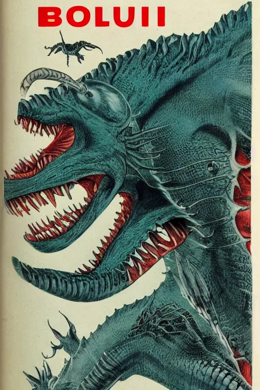 Prompt: biology textbook page, kaiju, 1950s, vintage, anatomy