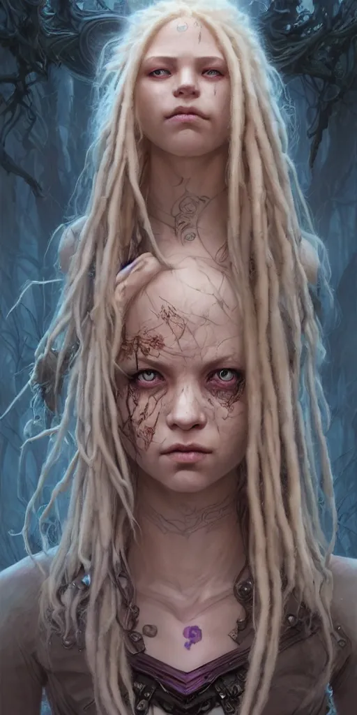 Image similar to fantasy changeling girl with blonde dreadlocks revealing her true nature, staring eyes, dim light, front game card, marvel comics, dark, intricate, highly detailed, smooth, smirking, artstation, digital illustration by ruan jia and mandy jurgens and artgerm and wayne barlowe and greg rutkowski and zdislav beksinski