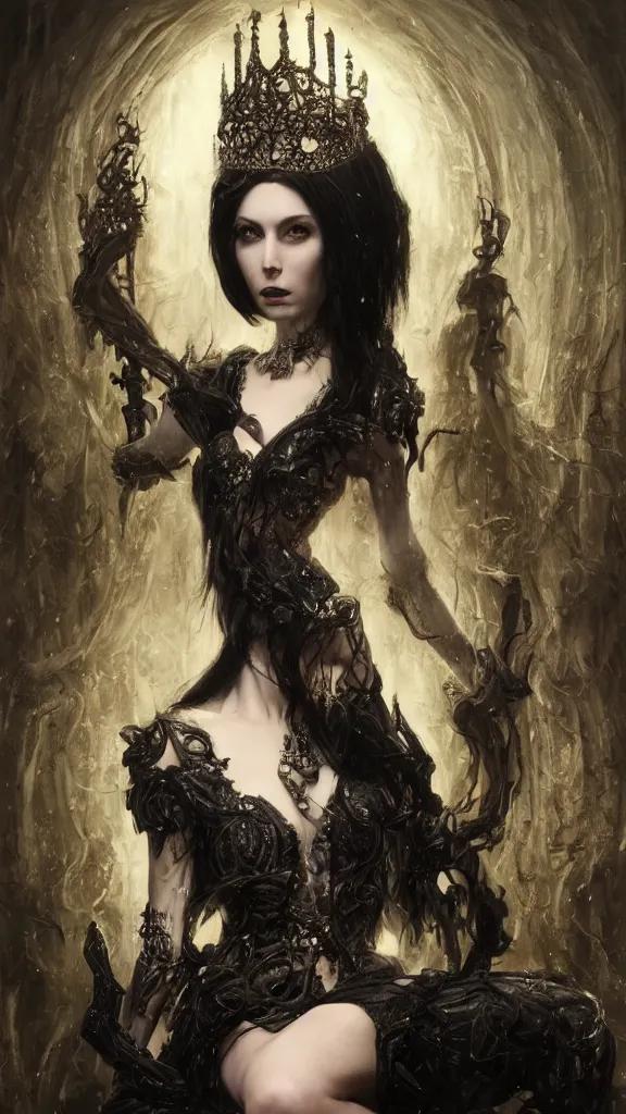 Image similar to a beautiful black haired woman with pale skin and a crown on her head sitted on an intricate metal throne, intimidating woman, large black eyes, high forehead, smooth pale skin, ethereal skin, ominous, eldritch. oil painting by nuri iyem, james gurney, james jean, greg rutkowski, highly detailed, soft lighting, chiaroscuro