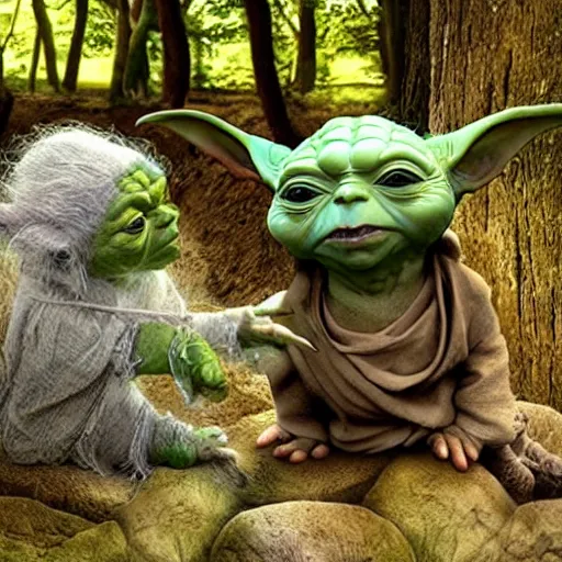 Prompt: a civilization of members of Yoda's species interacting with eachother on their home planet, award winning nature photo