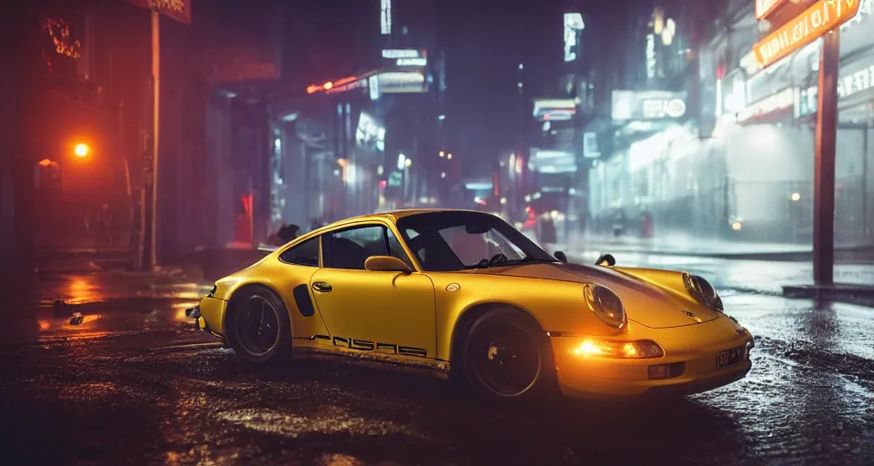 Image similar to close up macro shot of a porsche 9 1 1 car on wet city street at night, intricate, hyper detailed, smooth, high contrast, neon, volumetric lighting, octane, moebius, greg rutkowski, blade runner, ripley scott, cindmatic