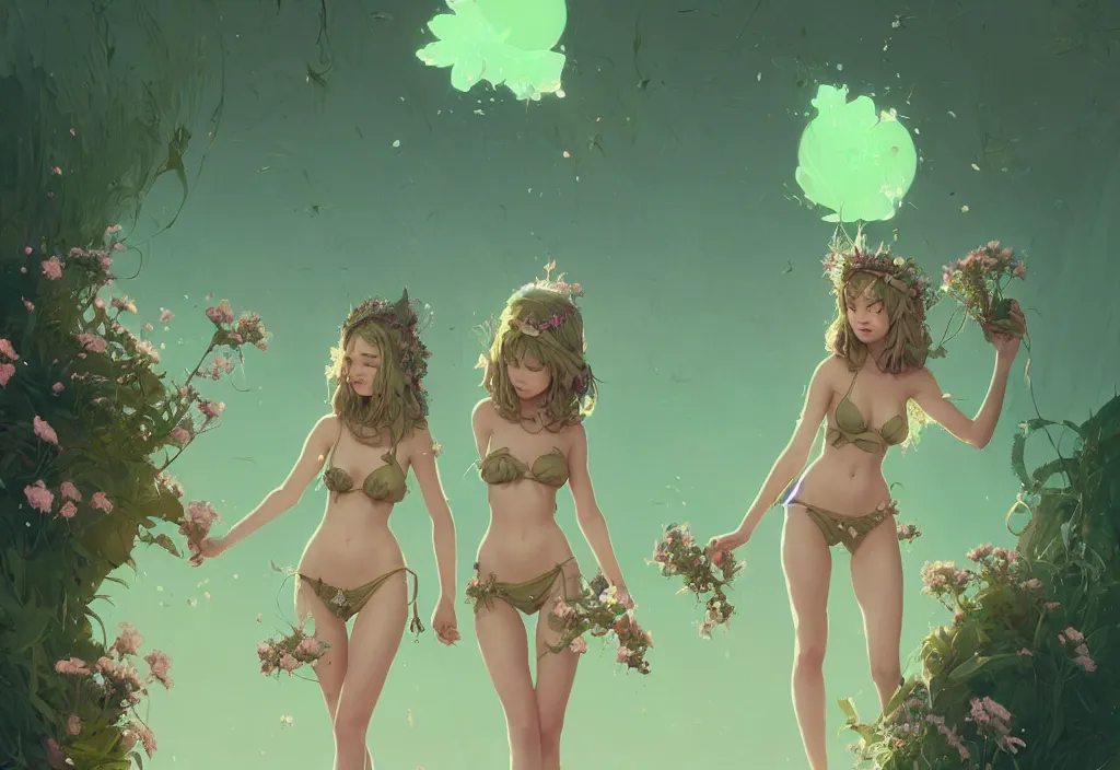 Prompt: two cute fairy women with crown of flowers in plants mini bikini, fantasy, by atey ghailan, by greg rutkowski, by greg tocchini, by james gilleard, by joe gb fenton, by in kaethe butcher, dynamic lighting, gradient light green, brown, blonde cream and white color in scheme, grunge aesthetic