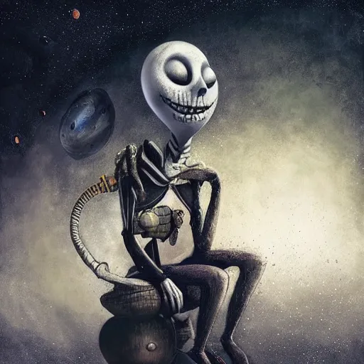 Image similar to michal karcz surrealism grunge drawing of the end of an astronaut happy in the galaxy. , in the style of jack skellington, in the style of a clown, loony toons style, horror theme, detailed, elegant, intricate, 4k, Renaissance painting