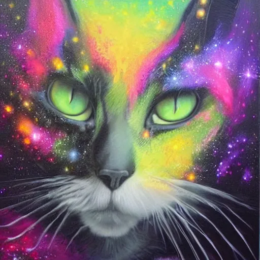 Image similar to spectacular oil painting of a black cat with bright green eyes floating through a nebula