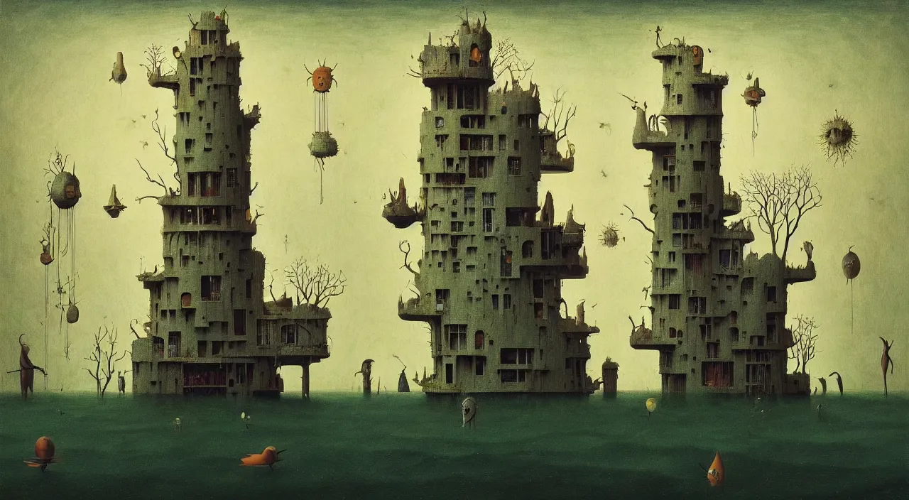 Image similar to single flooded simple!! hive bird tower anatomy, very coherent and colorful high contrast masterpiece by franz sedlacek hieronymus bosch dean ellis simon stalenhag rene magritte gediminas pranckevicius, dark shadows, sunny day, hard lighting