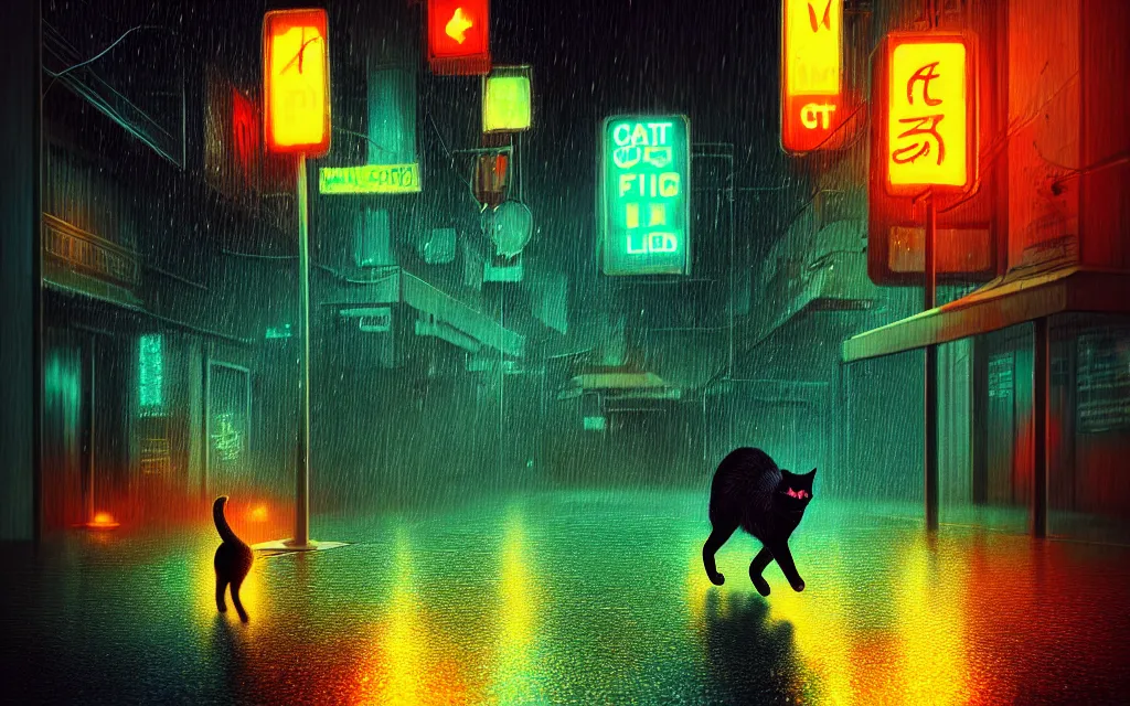 Image similar to cat running through heavy rain in a neon lit street at night by wlop, ultra detailed color art, high detail, digital art