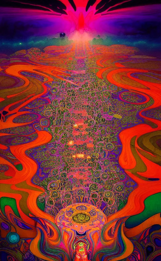 Prompt: An extremely psychedelic aerial view of black rock city at night, colorful, surreal, dramatic lighting, magic mushrooms, psilocybin, LSD, face, detailed, intricate, elegant, highly detailed, digital painting, artstation, concept art, smooth, sharp focus, illustration, art by Krenz Cushart and Artem Demura and alphonse mucha