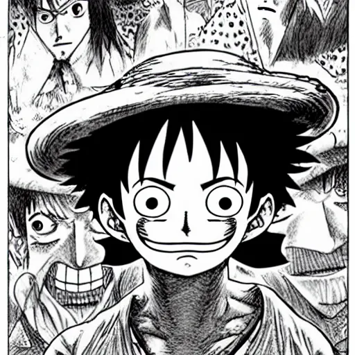 Image similar to [ luffy mustache ] ( by kim jung gi ) ( by george morikawa ) ( by kentaro miura ) ( by eiichiro oda )