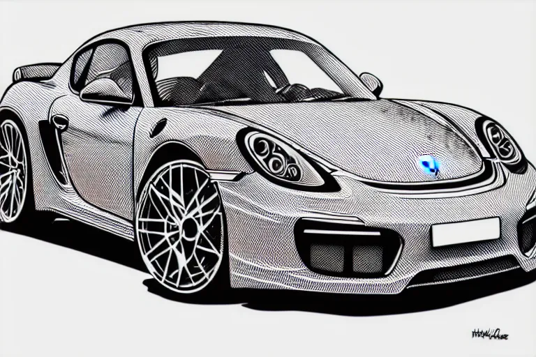 Prompt: a black and white drawing of a porsche cayman gt 4 rs, a detailed mixed media collage by hiroki tsukuda and eduardo paolozzi and moebius, intricate linework, sketchbook psychedelic doodle comic drawing, geometric, street art, polycount, deconstructivism, matte drawing, academic art, constructivism