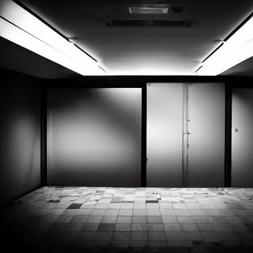 Image similar to an empty operation theater, in front of a black background, detailed digital art, black and white, law of thirds