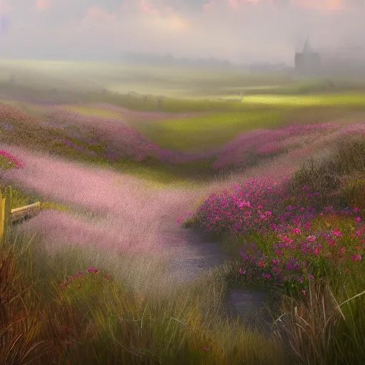 Image similar to a matte painting of a european prairie, cottage town, foggy, patchy flowers, oil painting, pale colors, high detail, 8 k, wide angle, trending on artstation,