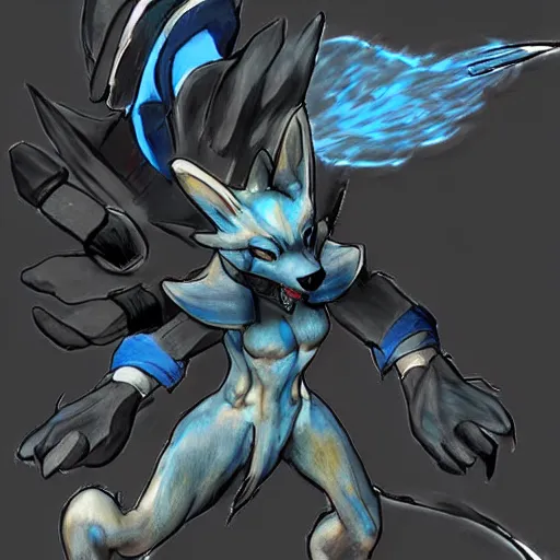 Prompt: Portrait of Lucario, made by Yoji Shinkawa, Highly detailed, fantasy themed, dynamic posing, concept art