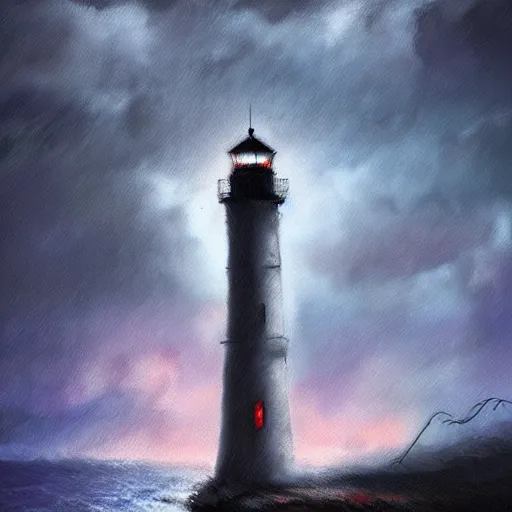 Image similar to beautiful impressionist mysterious digital painting about a scary light house glowing in the dark of a stormy night, trending on artstation, gloomy, moody, highly detailed