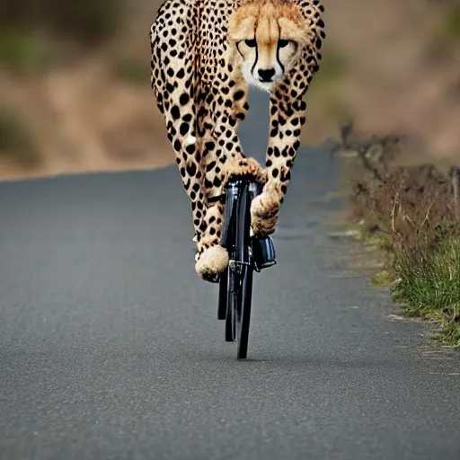 Prompt: cheetah is riding a bike, photo, 4k, hyper realistic,