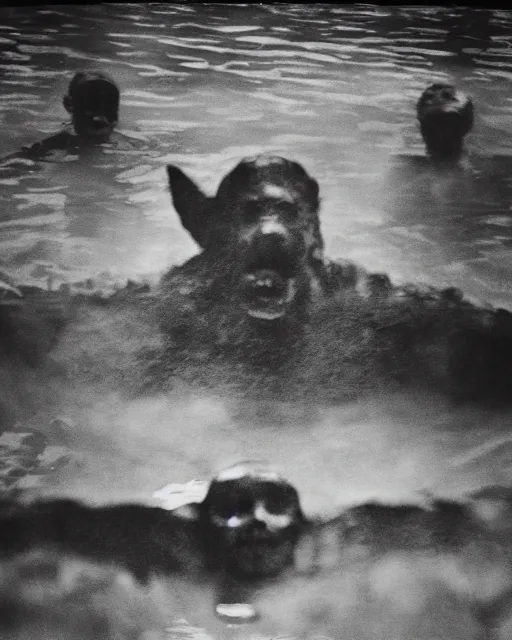 Image similar to terrifying, humanoid monstrous creatures of the abyss, lurking and prowling in a public swimming pool, liminal spaces, occult gathering, 3 5 mm film photo, film grain