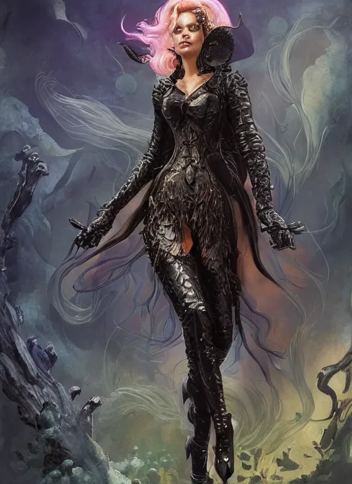 Prompt: beautiful female witch, rebecca romijn as wicked witch of the west, full body character concept, covered in full leather armor, art nouveau, super powers, fantasy, intricate, elegant, highly detailed, digital painting, artstation, concept art, shining, sharp focus, illustration, art by stanley lau