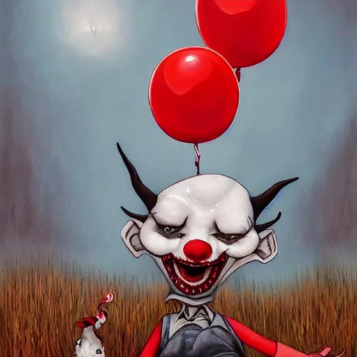 Image similar to grunge cartoon painting of goat with a wide smile and a red balloon by chris leib, loony toons style, pennywise style, corpse bride style, horror theme, detailed, elegant, intricate