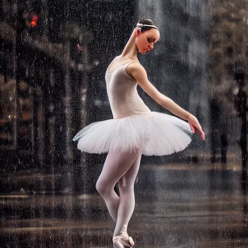 Image similar to portrait of a ballerina dancing in the rain, cinematic light and reflections, beautiful dreamy lighting,