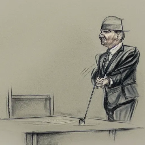 Image similar to a man playing golf in a courtroom, court sketch