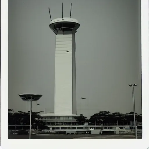 Prompt: polaroid photo of changi airport control tower