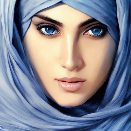 Prompt: ameera al taweel , blue eyes, elegant, white hijab, sharp focus, beautiful face, Hyper-realistic, Highly Detailed, HD, by Brom, by beeple, studio ghibli, wallpaper, highly detailed, trending on artstation