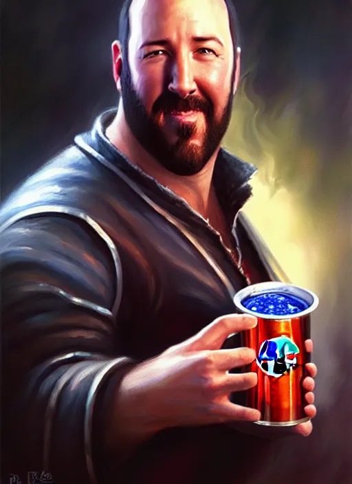 Image similar to a _ fantasy _ style _ portrait _ painting _ of burt kreischer drinking pepsi, rpg dnd oil _ painting _ unreal _ 5 _ daz. _ rpg _ portrait _ extremely _ detailed _ artgerm _ greg _ rutkowski _ greg