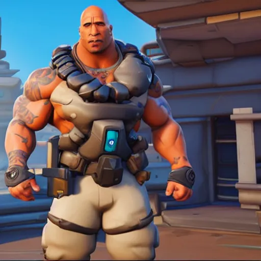 Image similar to screenshot from overwatch dwayne the rock johnson as a fortnite character