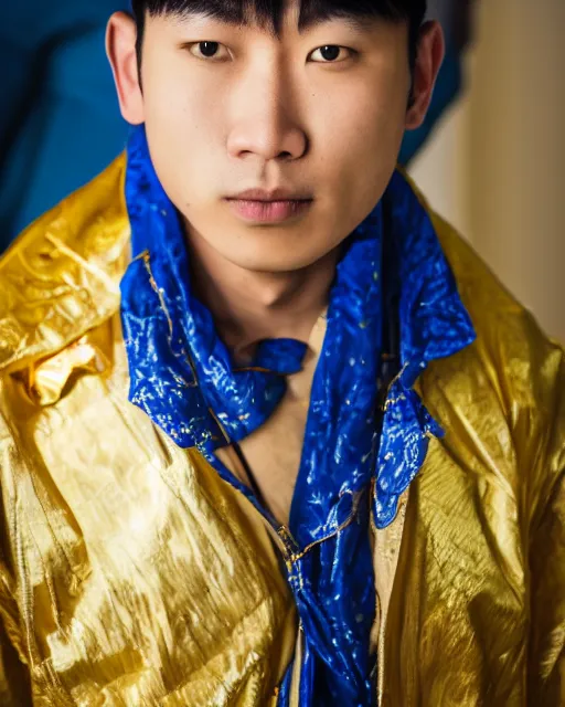 Image similar to gold, blue, photo of an asian male, 8 k, 8 5 mm f 1. 8