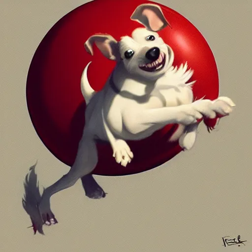 Image similar to adorable jack russel terrier jumping over a red exercise ball, fantasy art, artstation character design contest winner, trending on cgsociety, concept art, speedpaint, beautiful digital art, jesper ejsing, james jean, justin gerard, fenghua zhong, makoto shinkai, highly detailed