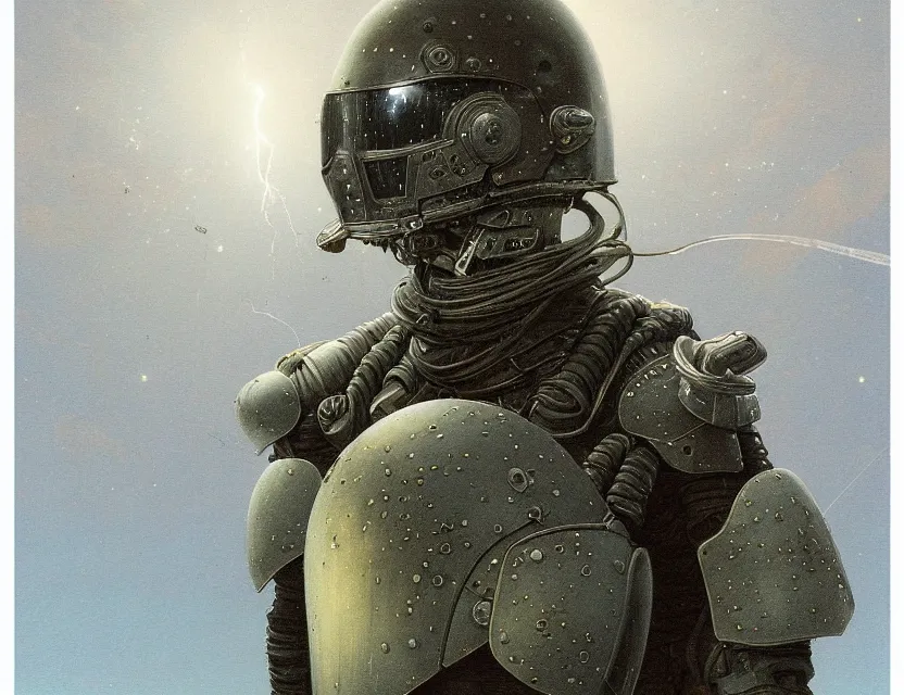 Image similar to a detailed portrait painting of a bounty hunter in combat armour and visor. cinematic sci-fi poster. Flight suit and wires, accurate anatomy. Samurai influence, fencing armour. portrait symmetrical and science fiction theme with lightning, aurora lighting. clouds and stars. Futurism by beksinski carl spitzweg moebius and tuomas korpi. baroque elements. baroque element. intricate artwork by caravaggio. Oil painting. Trending on artstation. 8k