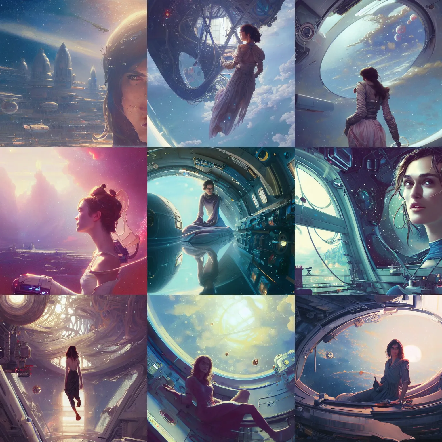 Prompt: highly detailed painting of keira knightly on a space station, unreal engine, fantasy art by greg rutkowski, loish, rhads, ferdinand knab, makoto shinkai and lois van baarle, ilya kuvshinov, rossdraws, tom bagshaw, alphonse mucha, global illumination, radiant light, detailed and intricate environment