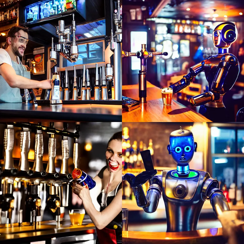 Prompt: humanoid robot bartender serving beer in a cyberpunk pub