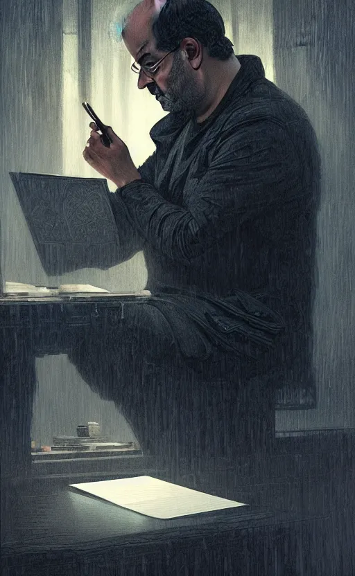 Image similar to portrait of salman rushdie writing in the dark, deep focus, blade runner 2 0 4 9, fantasy, intricate, elegant, highly detailed, digital painting, artstation, concept art, matte, sharp focus, illustration, art by artgerm and greg rutkowski and alphonse mucha