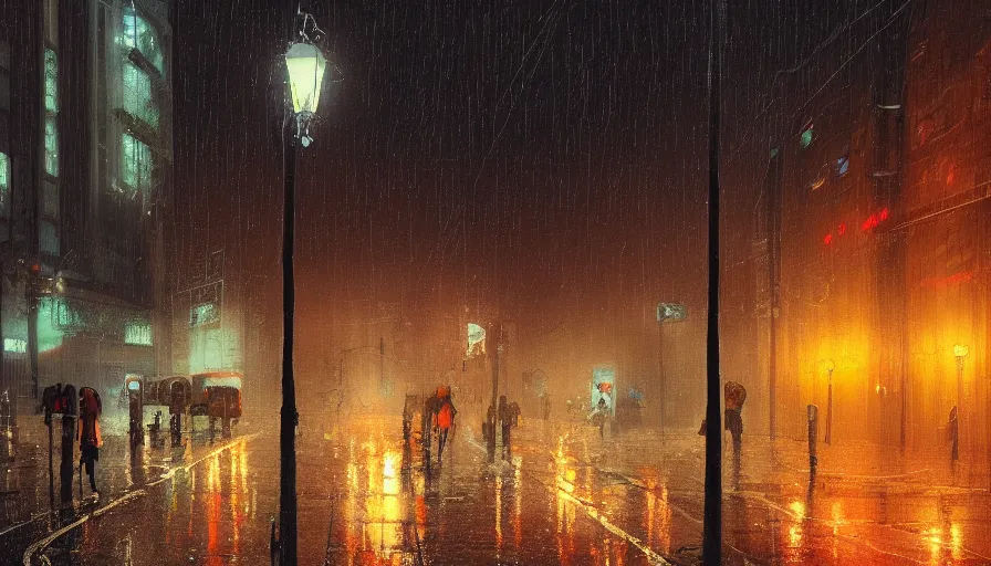 Image similar to A digital painting of a close-up view of a raining cyberpunk street, some street lights and padestrians, by Ismail Inceoglu and Caspar David Friedrich, stunning, photorealistic, highly-detailed, 4k, ue5, light effect, rtx on, realistic, cinematic, IMAX quality, trending on artstation